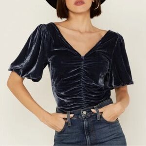 Free People Navy Velvet Ruched Puff Sleeve Blouse Size L